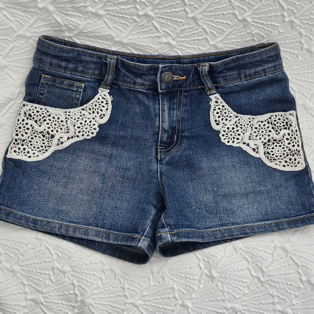 Crazy 8 Girls' Sz 14 Medium Wash Blue Stretchy Denim Crochet Lace Accents - Boho